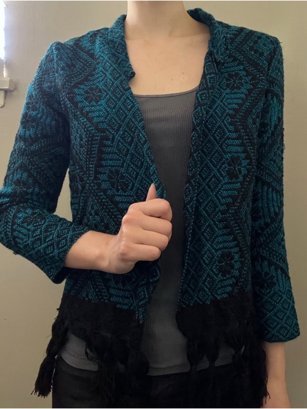 NEW Green & Black Knit Fringe Cardigan